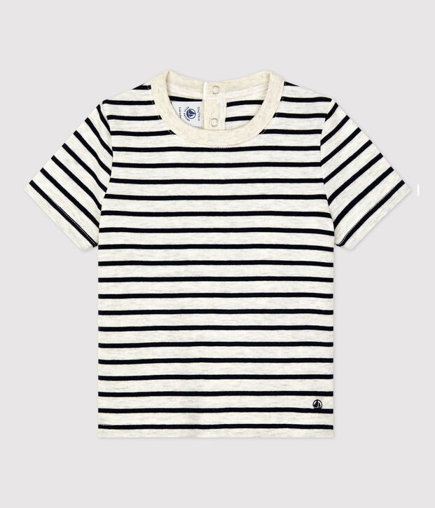 Camiseta de manga corta a rayas de algod&oacute;n para beb&eacute; beige/azul