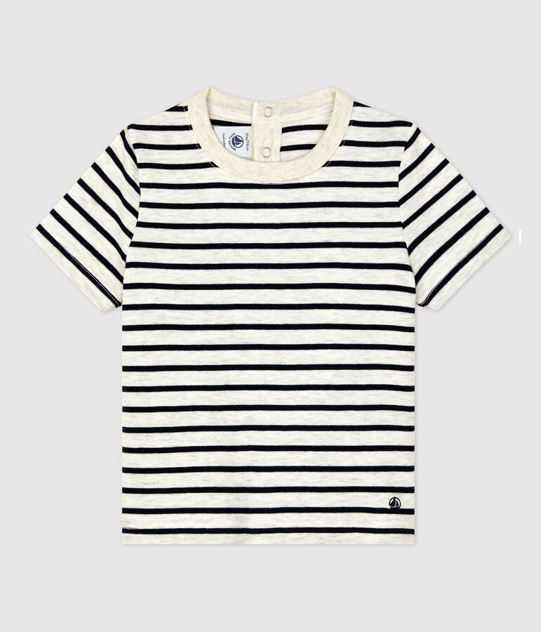 Camiseta de manga corta a rayas de algod&oacute;n para beb&eacute; beige/azul