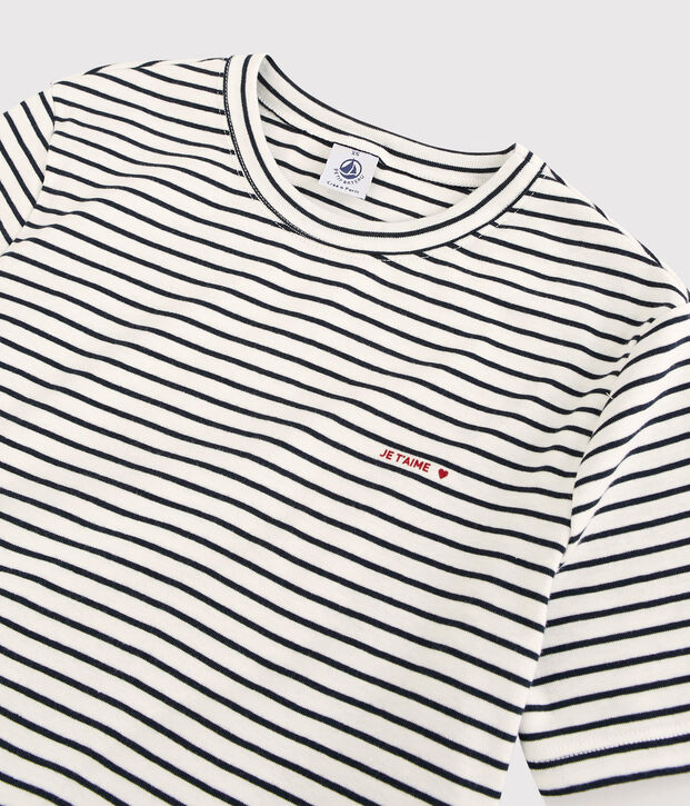 Camiseta de algod&oacute;n de rayas Je t'aime de mujer blanco/azul