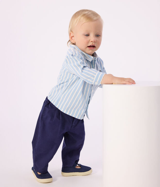 Camisa a rayas de algod&oacute;n de manga larga para beb&eacute; azul/blanco