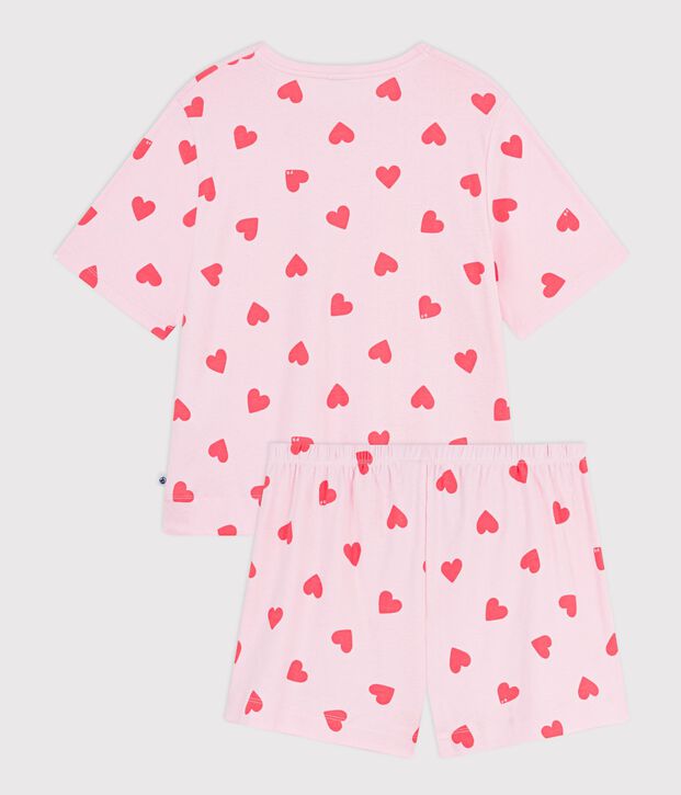Pijama corto de algod&oacute;n con estampado de corazones para mujer rosa/naranja