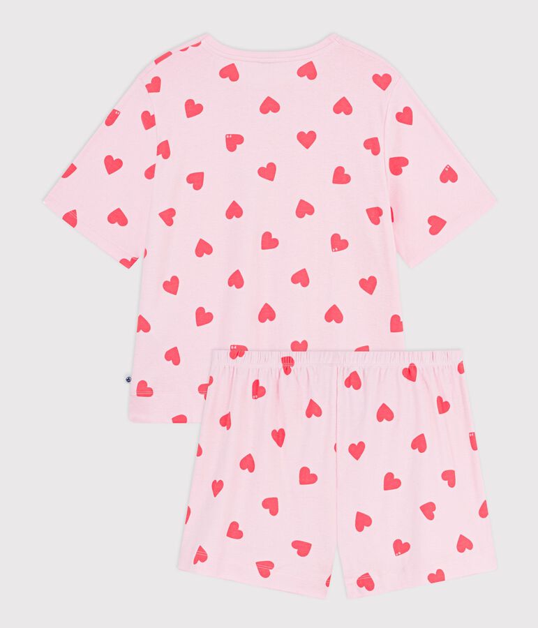 Pijama corto de algod&oacute;n con estampado de corazones para mujer rosa/naranja