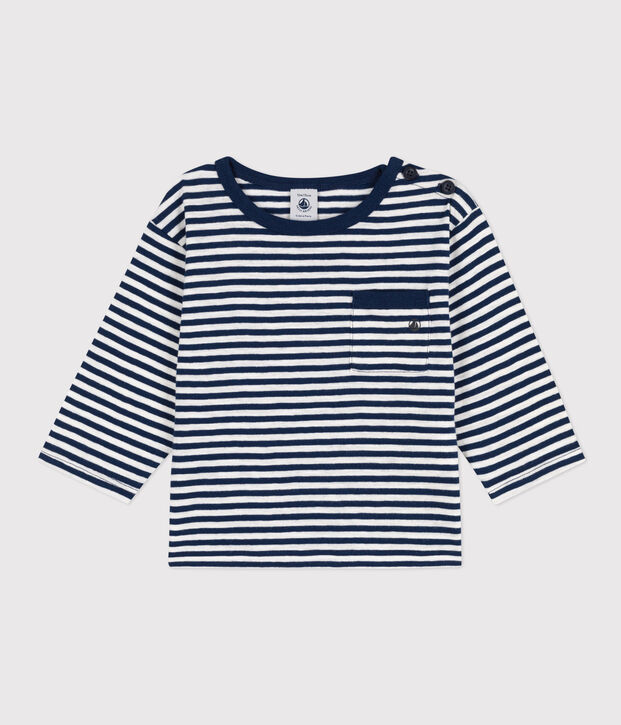 Camiseta de manga larga de punto flameado a rayas para beb&eacute; azul/blanco