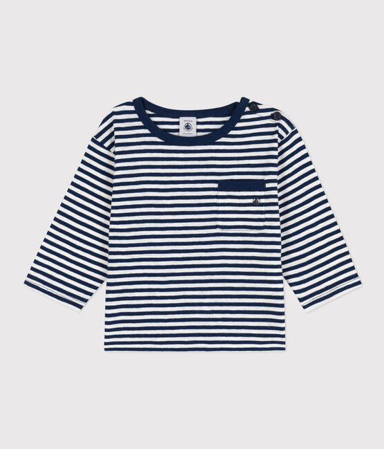 Camiseta de manga larga de punto flameado a rayas para bebé azul MEDIEVAL/blanco MARSHMALLOW