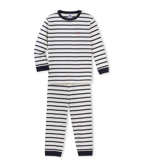 Pijama de rayas para niño beige COQUILLE/azul SMOKING