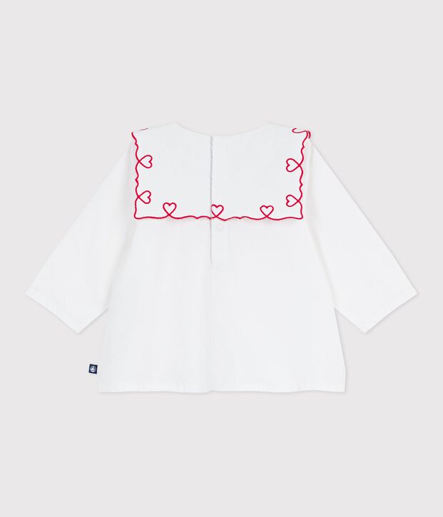 Blusa de popelina de algod&oacute;n de manga larga con bordado de corazones para beb&eacute; blanco