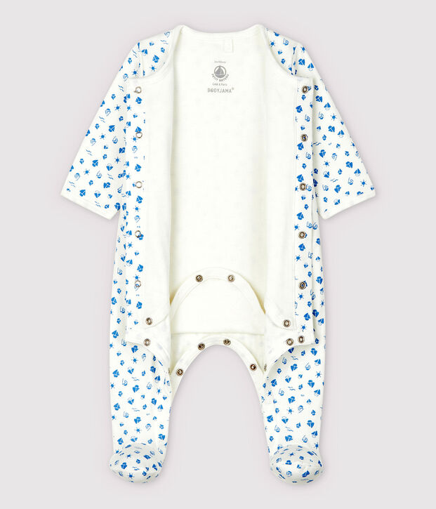 Bodyjama con estampado de barcos de beb&eacute; en tejido tubular de algod&oacute;n ecol&oacute;gico blanco/azul