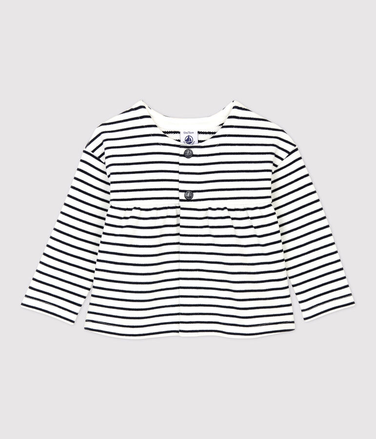 C&aacute;rdigan de mulet&oacute;n de beb&eacute;. blanco/azul