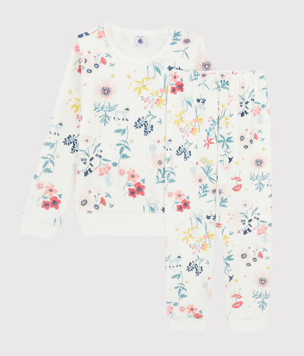 Pijama con flores de ni&ntilde;a de terciopelo blanco/multicolor