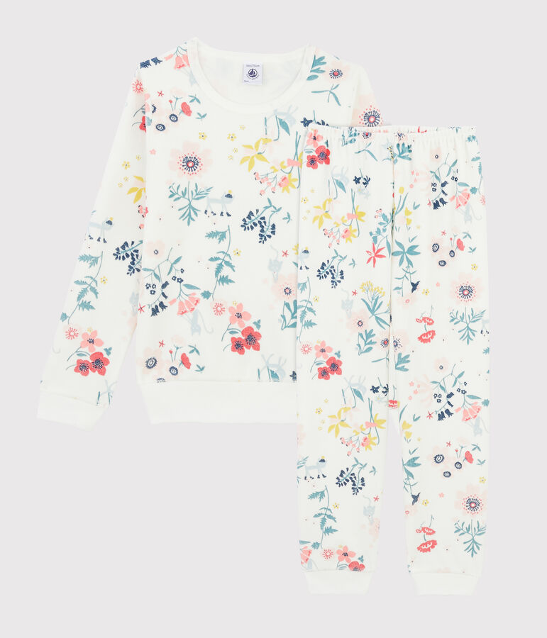 Pijama con flores de ni&ntilde;a de terciopelo blanco/multicolor