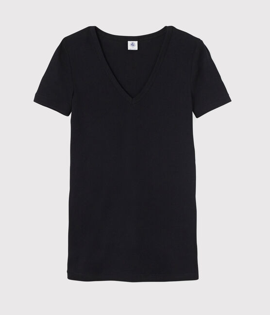 Camiseta de cuello de pico emblemática de algodón de mujer azul SMOKING