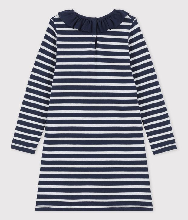 Vestido de manga larga de algod&oacute;n de ni&ntilde;a azul/blanco/gris