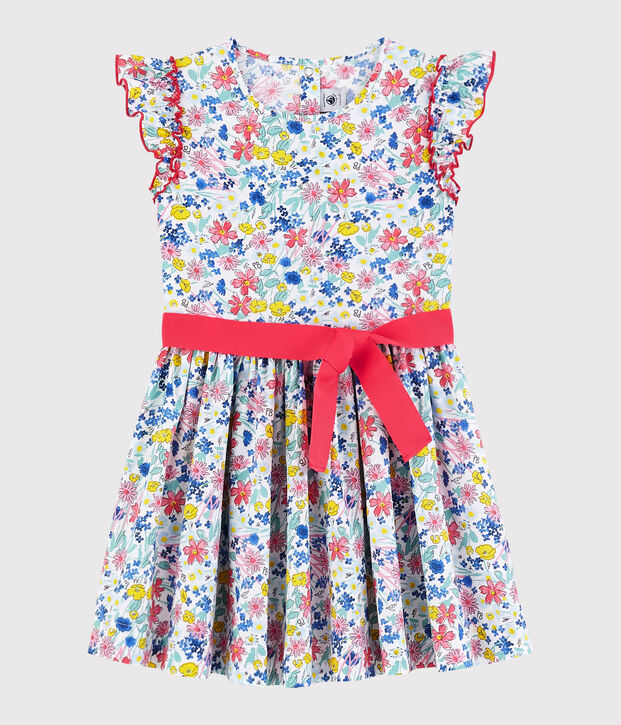 Vestido de manga corta de popelina de ni&ntilde;a blanco/multicolor