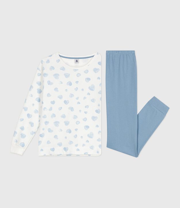 Pijama de algod&oacute;n bimaterial con estampado de corazones para mujer azul/multicolor