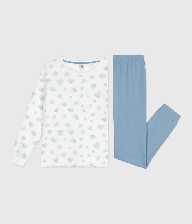 Pijama de algod&oacute;n bimaterial con estampado de corazones para mujer azul/multicolor