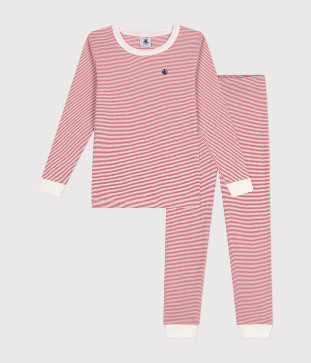 Pijama infantil ajustado de algod&oacute;n a rayas rosa/blanco