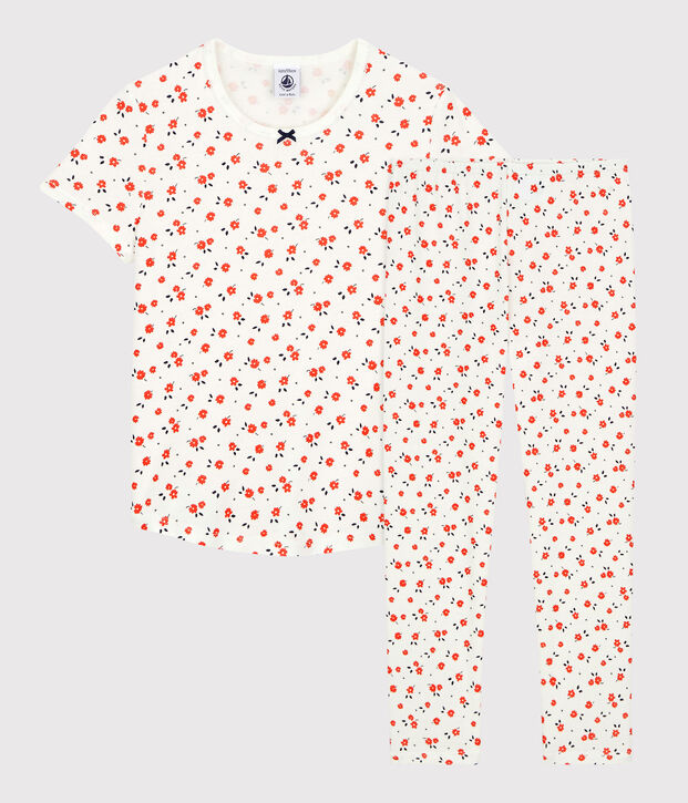Pijama floral de ni&ntilde;a de algod&oacute;n org&aacute;nico blanco/multicolor