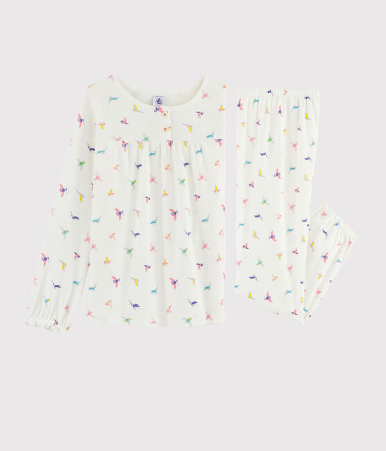 Pijama con estampado de pájaro de punto para niña blanco MARSHMALLOW/blanco MULTICO