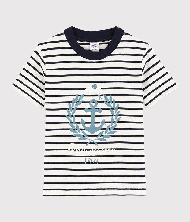 Camiseta de manga corta de punto de ni&ntilde;o blanco/azul