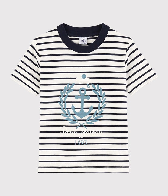 Camiseta de manga corta de punto de niño blanco MARSHMALLOW/azul SMOKING
