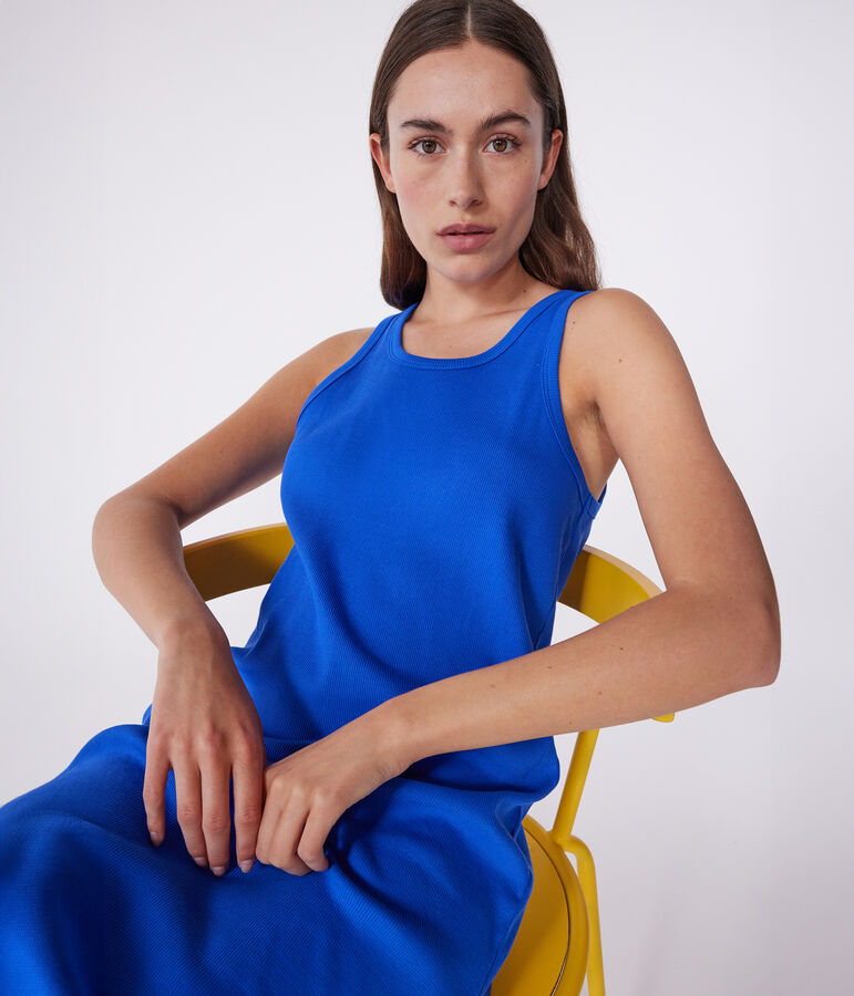 Vestido largo tipo camiseta sin mangas de algod&oacute;n para mujer azul