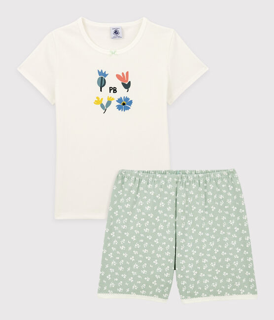 Pijama corto de algodón con flores para niña blanco MARSHMALLOW/ HERBIER