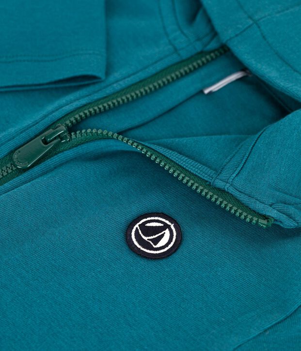 Sudadera infantil de algod&oacute;n liso con capucha y cremallera verde