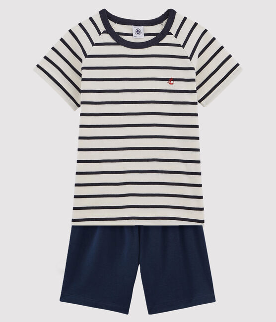 Pijama corto de rayas marineras de canalé unisex blanco MARSHMALLOW/azul SMOKING