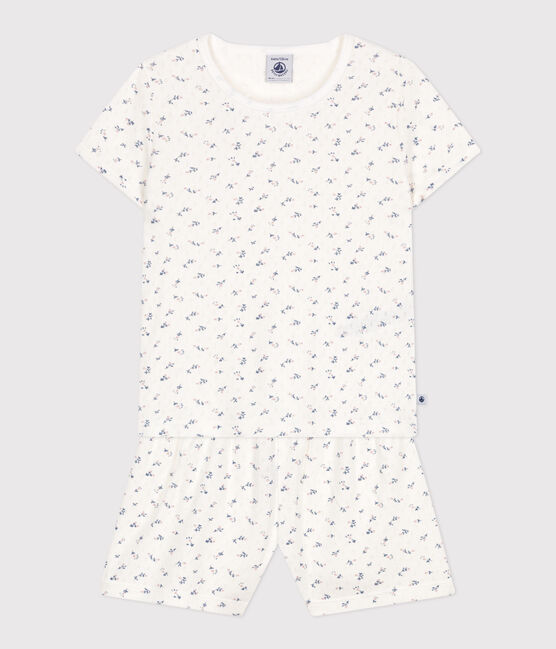 Pijama corto infantil de algodón calado con estampado de flores blanco MARSHMALLOW/blanco MULTICO