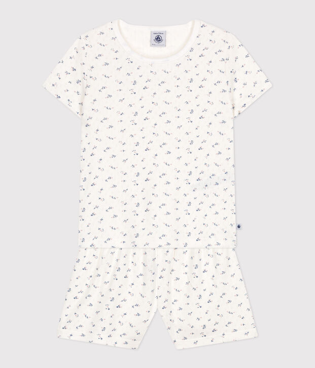 Pijama corto infantil de algod&oacute;n calado con estampado de flores blanco/multicolor