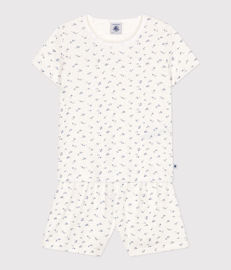 Pijama corto infantil de algod&oacute;n calado con estampado de flores blanco/multicolor