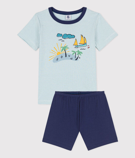 Pijama corto de algodón de explorador para niño azul CHALOUPE/blanco MULTICO