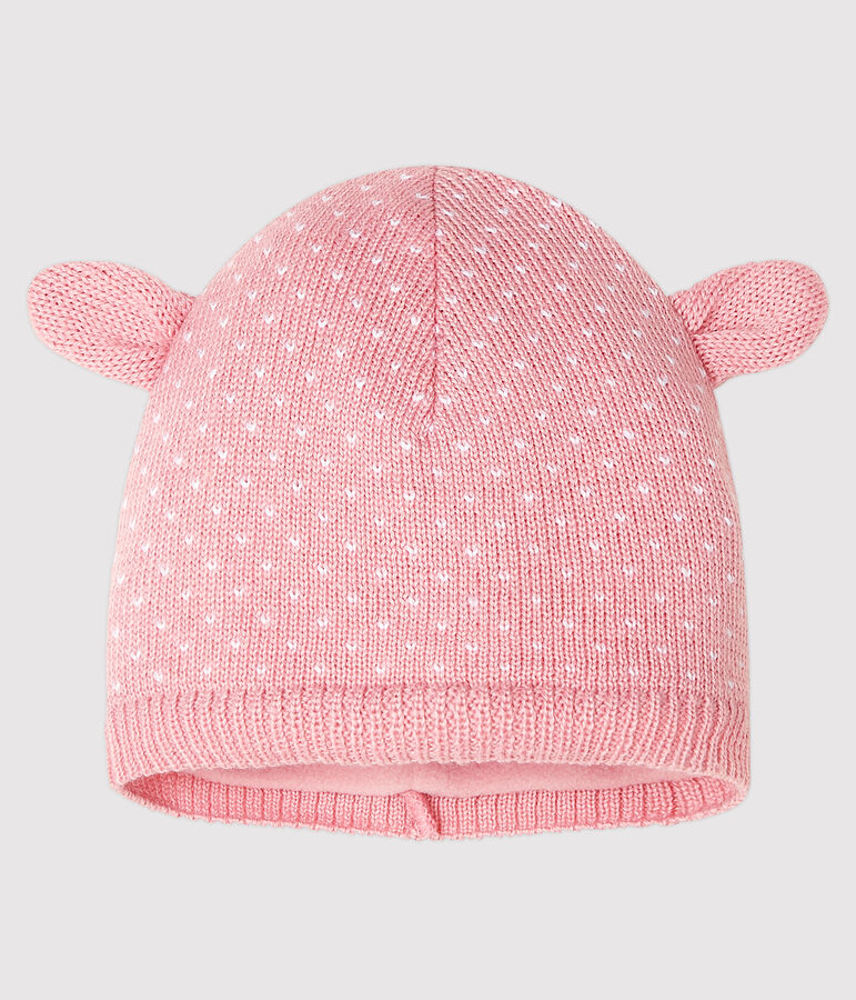 Gorro para beb&eacute; unisex con forro polar rosa/blanco