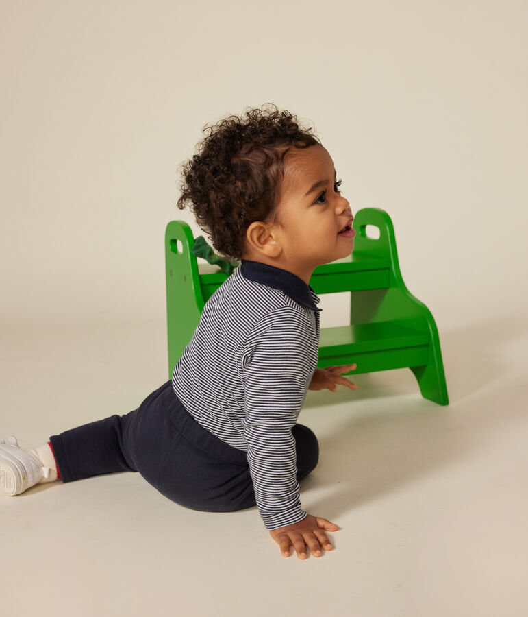 Body de algod&oacute;n con cuello de polo a rayas para beb&eacute; azul/blanco