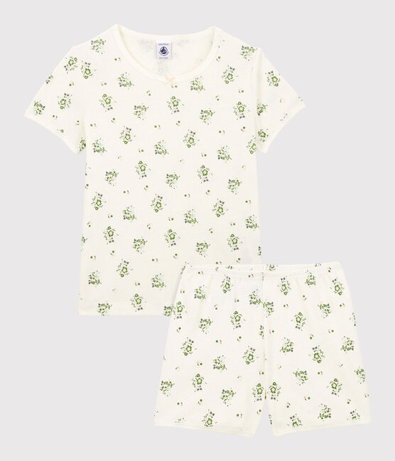 Pijama corto de algodón y lino con flores para niña blanco MARSHMALLOW/blanco MULTICO