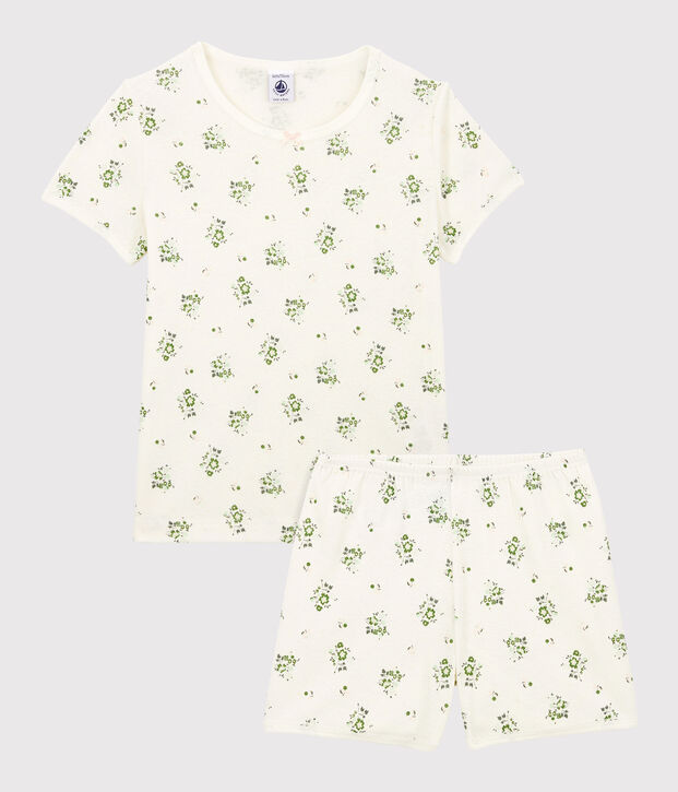 Pijama corto de algod&oacute;n y lino con flores para ni&ntilde;a blanco/multicolor