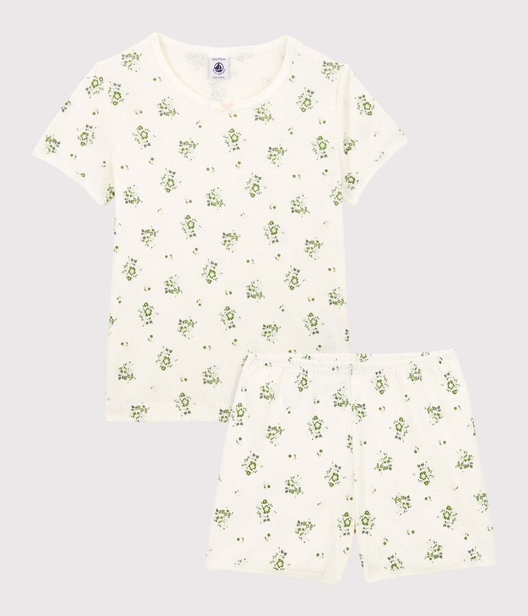 Pijama corto de algod&oacute;n y lino con flores para ni&ntilde;a blanco MARSHMALLOW/blanco MULTICO