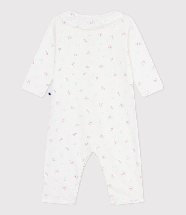 Pijama sin pies de algod&oacute;n calado con cuello estampado de flores para beb&eacute; blanco/multicolor