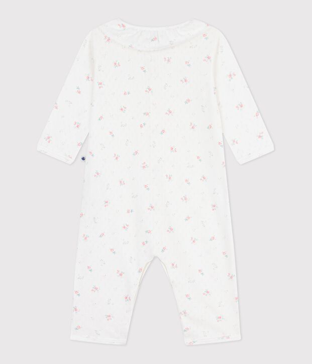 Pijama sin pies de algod&oacute;n calado con cuello estampado de flores para beb&eacute; blanco/multicolor