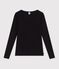Camiseta lisa de lana y algod&oacute;n con cuello bailarina para mujer negro