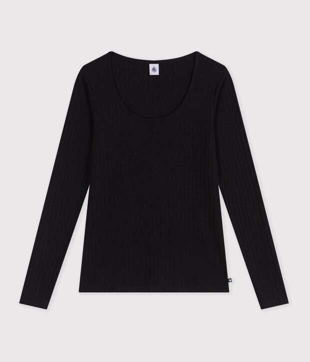 Camiseta lisa de lana y algod&oacute;n con cuello bailarina para mujer negro