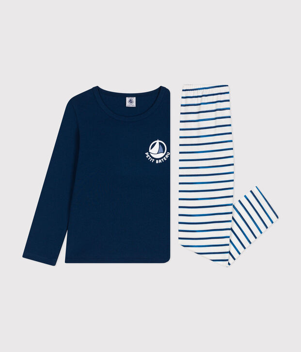 Pijama infantil de manga larga de algod&oacute;n blanco/azul