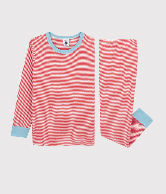 Pijama de rayas de algodón de niño naranja OURSIN/blanco MARSHMALLOW