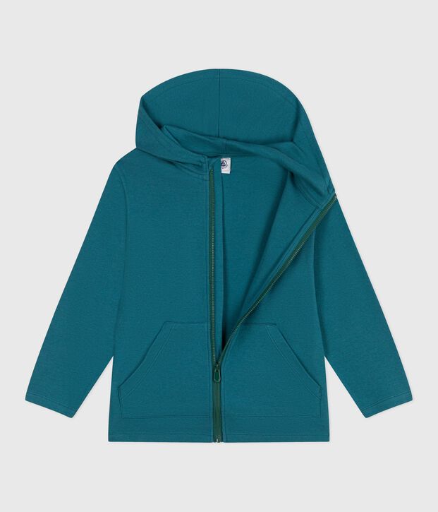 Sudadera infantil de algod&oacute;n liso con capucha y cremallera verde