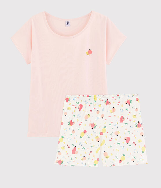 Pijama corto con estampado de frutas de verano de algodón ecológico de chica/mujer rosa FLEUR/blanco MULTICO