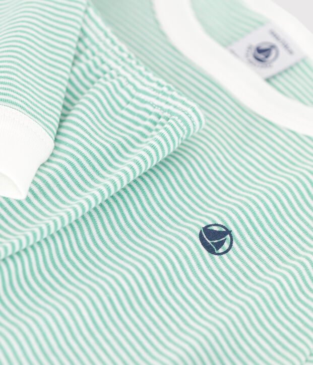 Pijama infantil de algod&oacute;n a rayas verde/blanco