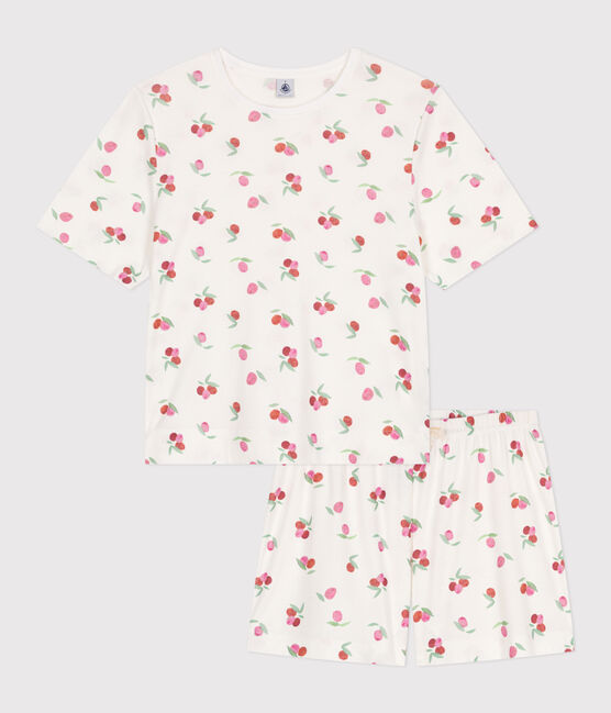 Pijama corto de algodón con estampado de frutas para mujer blanco MARSHMALLOW/blanco MULTICO