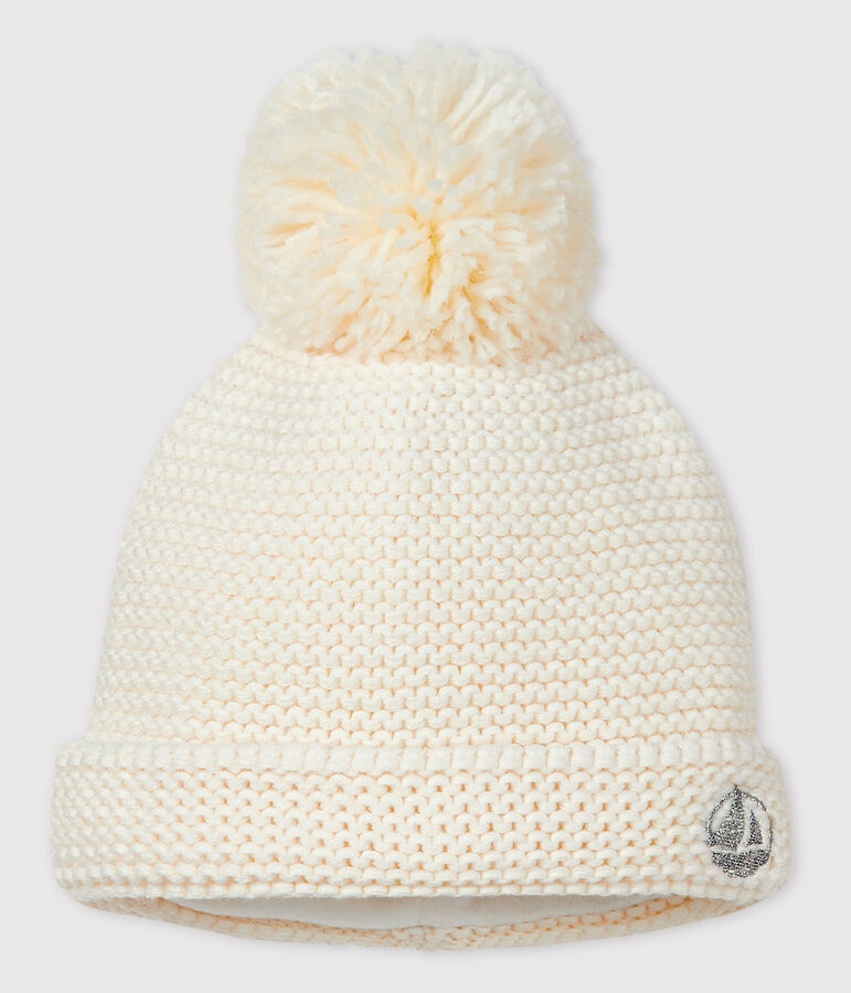 Gorro con pomp&oacute;n para beb&eacute; ni&ntilde;a/ni&ntilde;o blanco