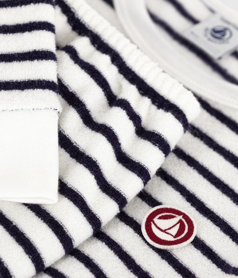 Pijama infantil de rizo de algod&oacute;n a rayas crudo/azul