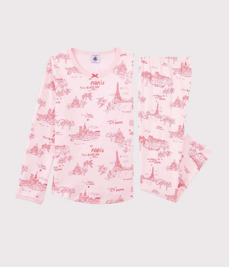 Pijama de tela de Jouy Par&iacute;s de ni&ntilde;a de algod&oacute;n rosa/rosa